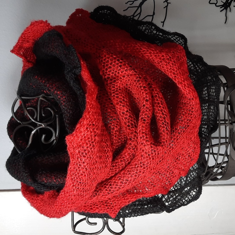 Cowl Scarf Two Tone Red Black Warm Cozy Woven Soft Acrylic Washable Beautiful
